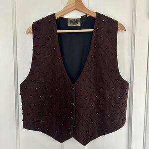 Vintage Beaded Wool Blend Western Vest Medium Women's Outerwear Chocolate Brown